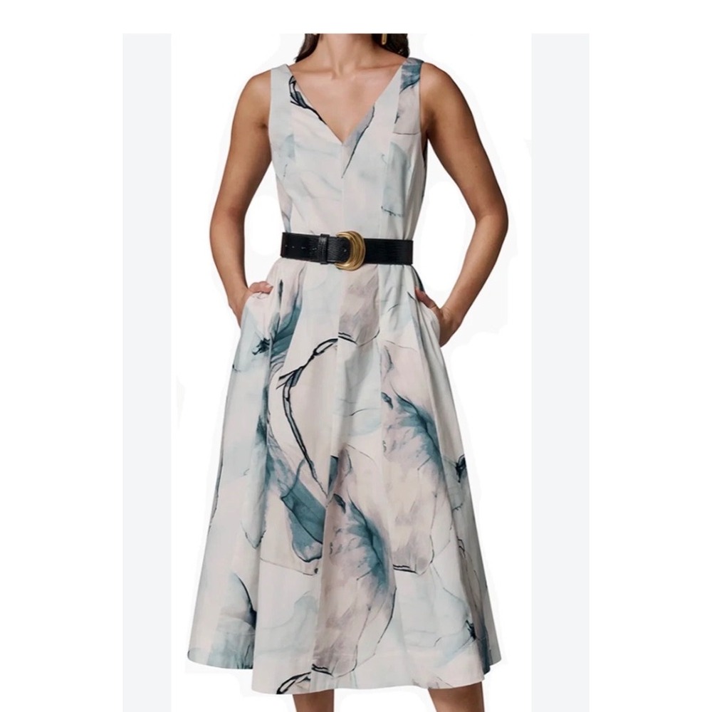Donna Karan New York Floral V-Neck Midi Dress with Belt Blue White Size 14 B3